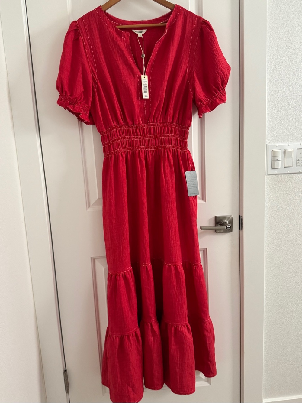 MAX STUDIO Women’s Red Tiered Maxi Dress with Smocked Waist SZ L Large $168